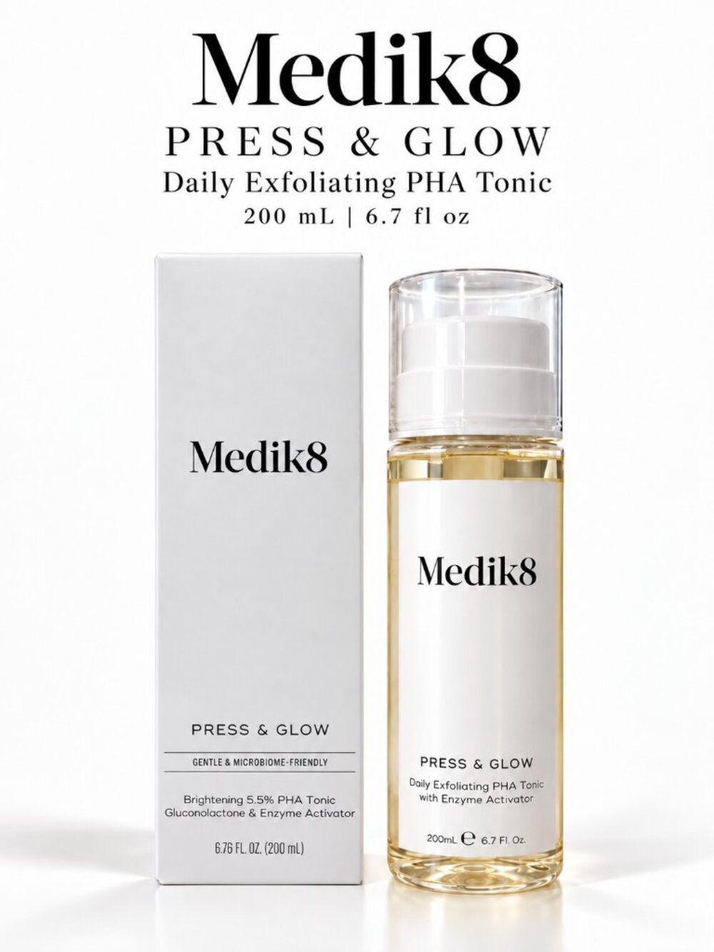 Medik8 Press & Glow PHA Exfoliating Toner 200ml 6.7oz Full Size with Box